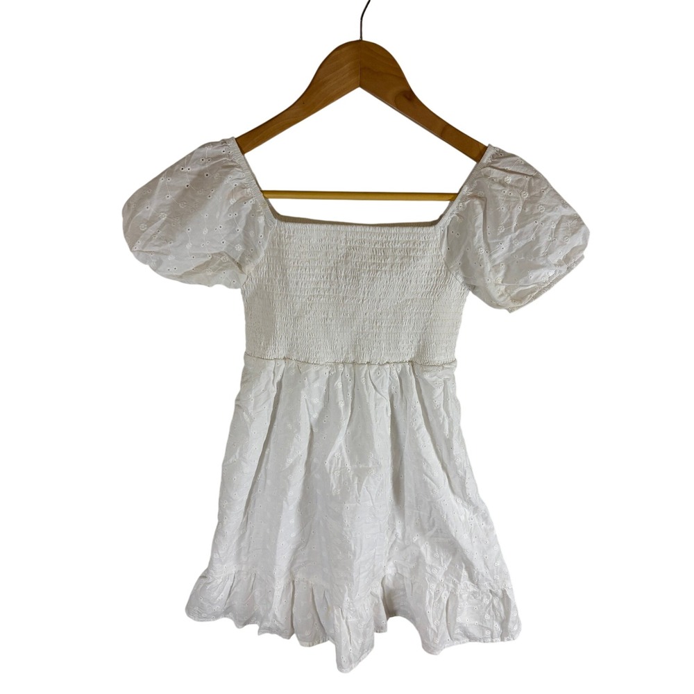 Walking on Sunshine‎ Kids White Eyelet Smocked Square Neck Puff Sleeve Dress L